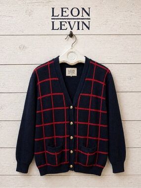 LEON LEVIN Navy Plaid Knit Cardigan – Size XL